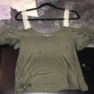 olive green off to the shoulder shirt